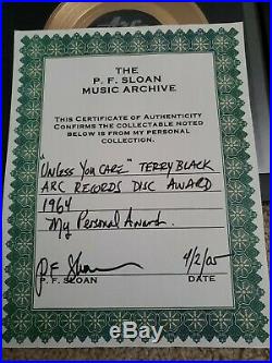 1964 Gold Record Award TERRY BLACK Unless You Care P. F. SLOAN Non RIAA RARE