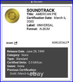 American Pie Movie Soundtrack Album RIAA Gold Record Award