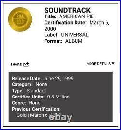 American Pie Soundtrack RIAA Gold Record Album Award