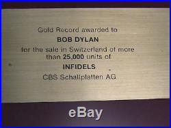 Bob Dylan Infidels Switzerland Gold Record Award Rare