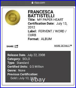 Francesca Battistelli My Paper Heart RIAA Gold Record Award Fervent Christian