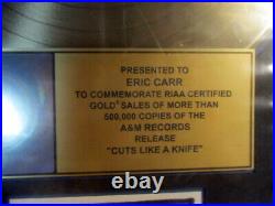 Genuine Bryan Adams Cuts Like A Knife Riaa Gold Record Award. Kiss, Eric Carr