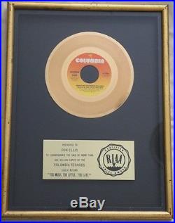JOHNNY MATHIS original RIAA gold record award TOO MUCH TOO LITTLE TOO LATE