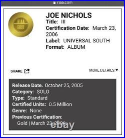 Joe Nichols III 3 Three Album RIAA Gold Record Award Country Music SEE PHOTOS