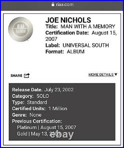 Joe Nichols Man With A Memory RIAA Gold Record Award Country Music