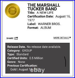 Marshall Tucker Band Non-RIAA Gold Record Album Award