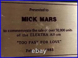 Motley Crue Mick Mars Canadian Gold Record Award- Too Fast For Love 1985