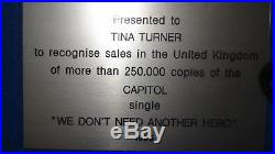 Personal Tina Turner Bpi Gold Silver Platinum Record Award Disc No Riaa Mad Max