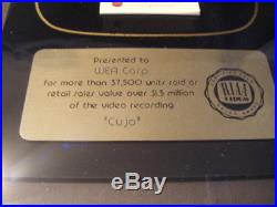 RIAA Certified Gold Video Sales Award Stephen King Movie Cujo To Record Company