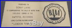 RIAA PAUL McCARTNEY & WINGS LONDON TOWN GOLD RECORD AWARD TO DENNY LAINE