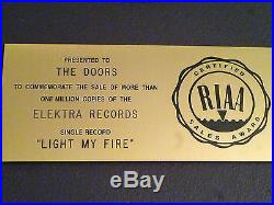 THE DOORS CERTIFIED RIAA SINGLE RECORD AWARD 45 rpm GOLD DISC LIGHT MY FIRE