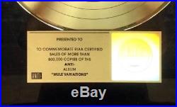 TOM WAITS RIAA Gold Record Award MULE VARIATIONS 1999 Guaranteed Authentic