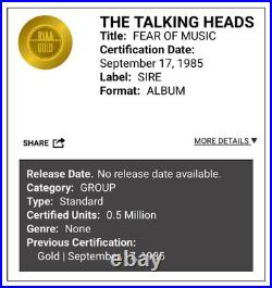 Talking Heads Fear of Music RIAA Gold Record Award Talking Heads Fear of Music RIAA Gold Record Award