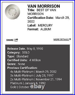Van Morrison Best Of RIAA Gold Record Award