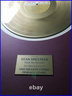 Vintage 1968 GOLD ALBUM AWARD CREAM Disraeli Gears -Given To Record Producer