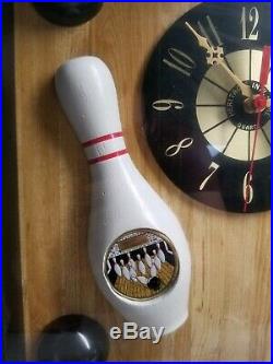 Vintage BOWLING PINS Trophy record WOOD CLOCK Award gold 1989 wall table ball