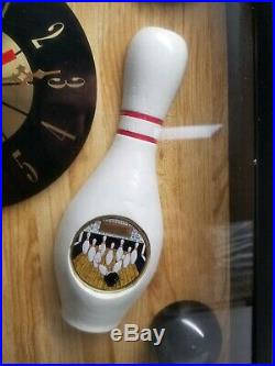 Vintage BOWLING PINS Trophy record WOOD CLOCK Award gold 1989 wall table ball