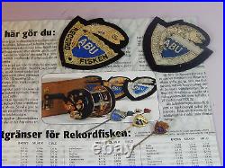 Vntge ABU Record Fisken Award Gold/Silver fabric badges & G/S/Br hatpins-xclnt++
