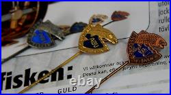 Vntge ABU Record Fisken Award Gold/Silver fabric badges & G/S/Br hatpins-xclnt++