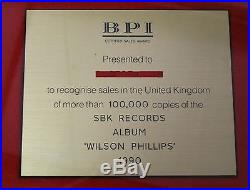 WILSON PHILLIPS 1990 SBK Records UK BPI Gold Sales RECORD AWARD Rupert Hine