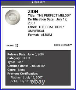 Zion The Perfect Melody RIAA Gold Record Award Felix Ortiz Reggaeton Latin
